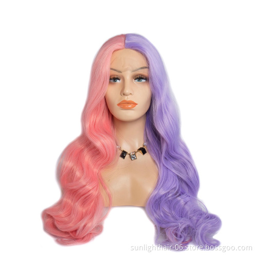 Sunlight body Wavy Half Pink and Half Purple Synthetic Lace Front Wigs for Women Middle Part Cosplay synthetic fiber hair wig